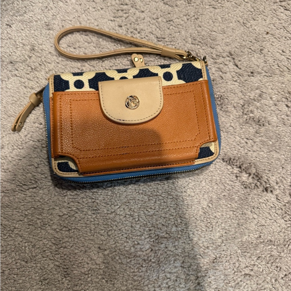 Spartina 449 Navy Dot Canvas and Tan Leather Wristlet